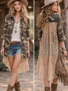 Gypsy Junkies Duster Shirt Button-Up Camo Lace size M/L Boho Festival Grunge Y2K